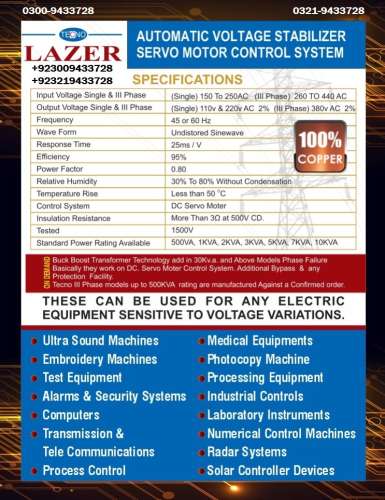 Voltage Stabilizer for lowHigh Volt issues, copper single  3 phase servo motor