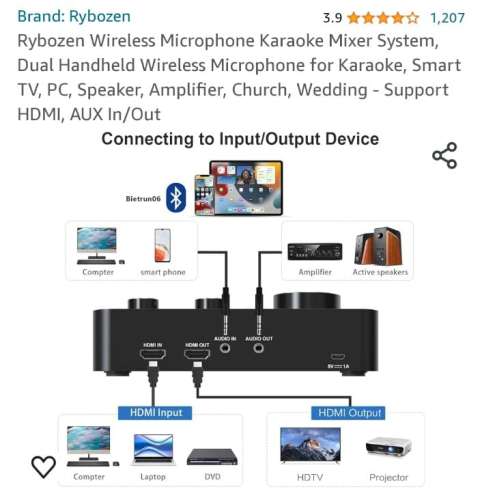 Rybozen Wireless Microphone Karaoke Mixer System