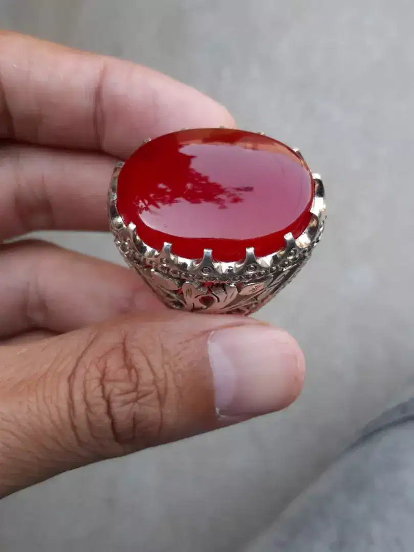 Natural Red Yamni Aqeeq Stone With Special Hand Made Silver Ring For Sale
