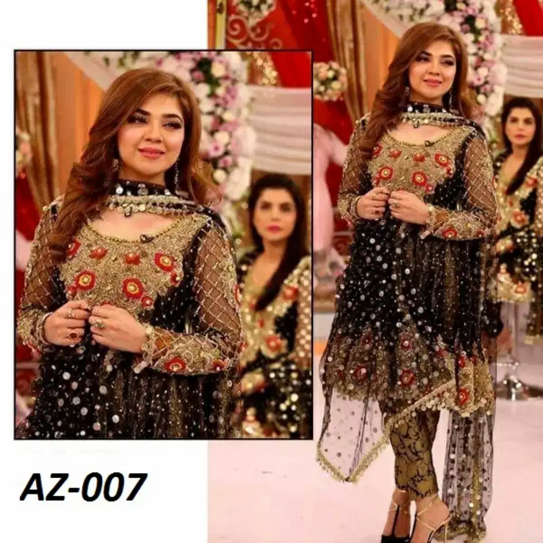 New chiffon stuff embroidered 3 piece suits on discount price in Karachi