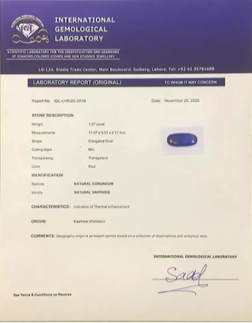 Blue Sapphire Neelam 1.27 CT German Certified Available for sale