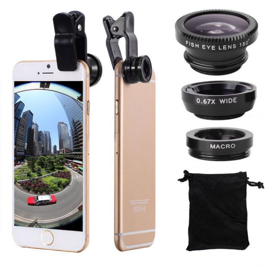 3 in 1 Selfie Camera Lens Mobile Phone Clip Lenses Fish Eye Wide Angle