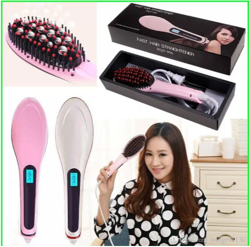 Electric LCD Fast Hair Straightener Comb Brush HQT-906 (PINK)